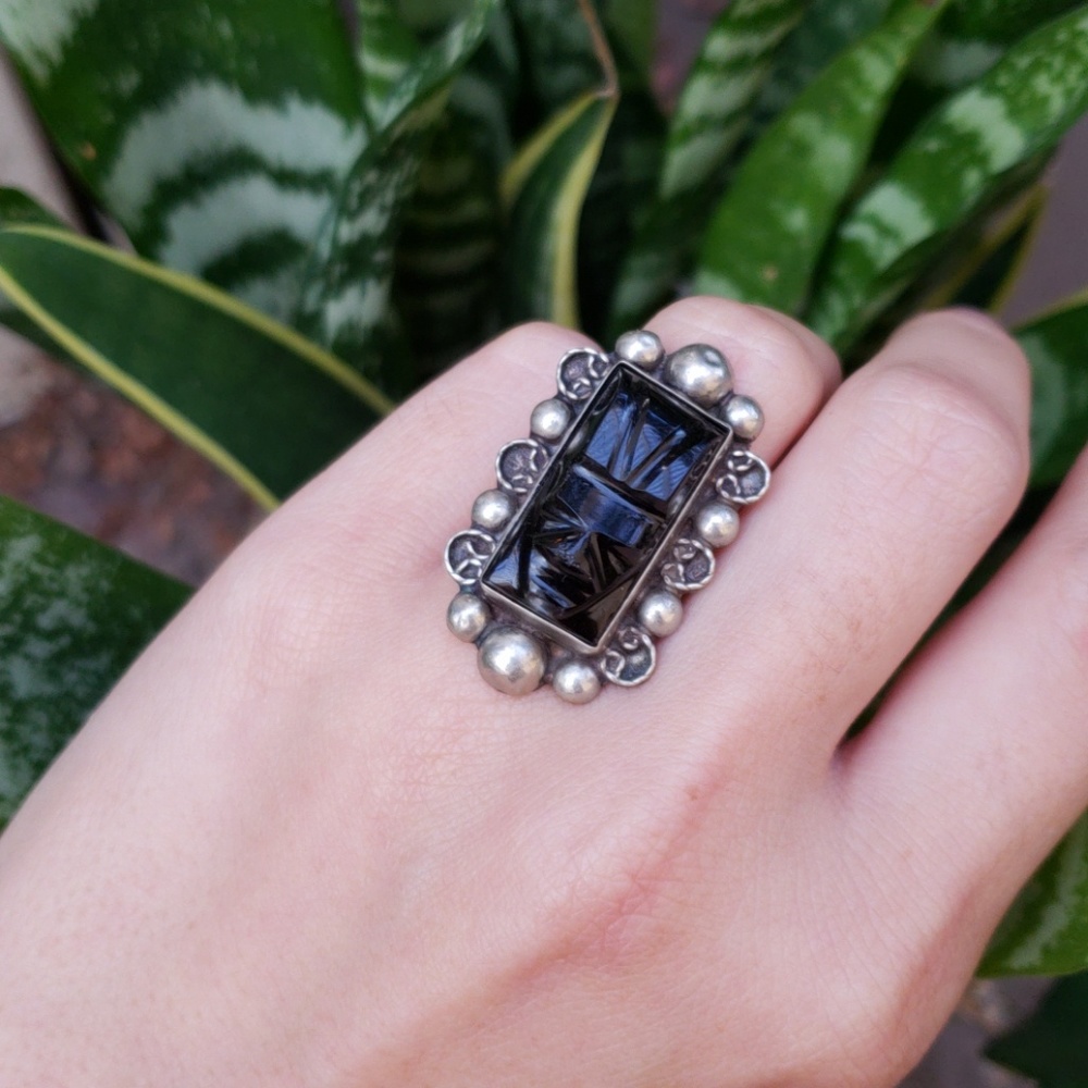 Onyx and Sterling Silver Tribal Face Ring - Size 6